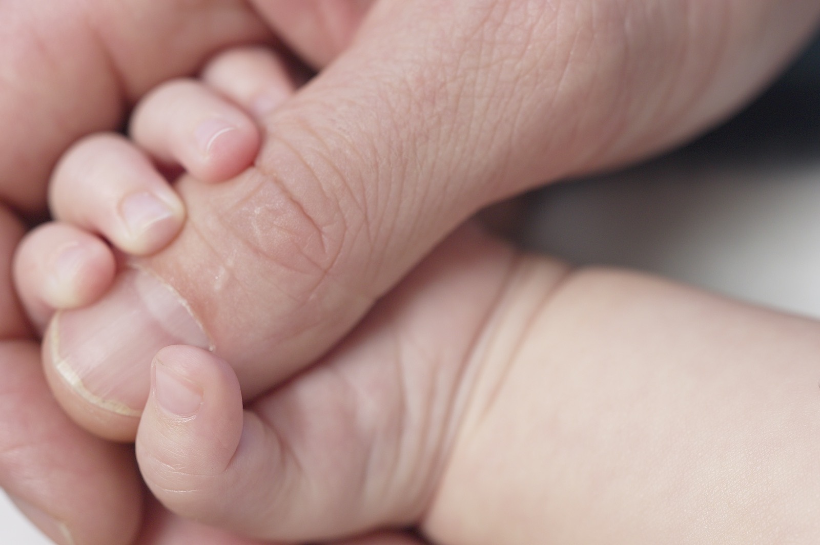 Baby's hand holding a parent's finger